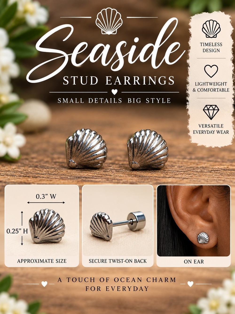 A97. Silver Shell Stud Earrings Like New